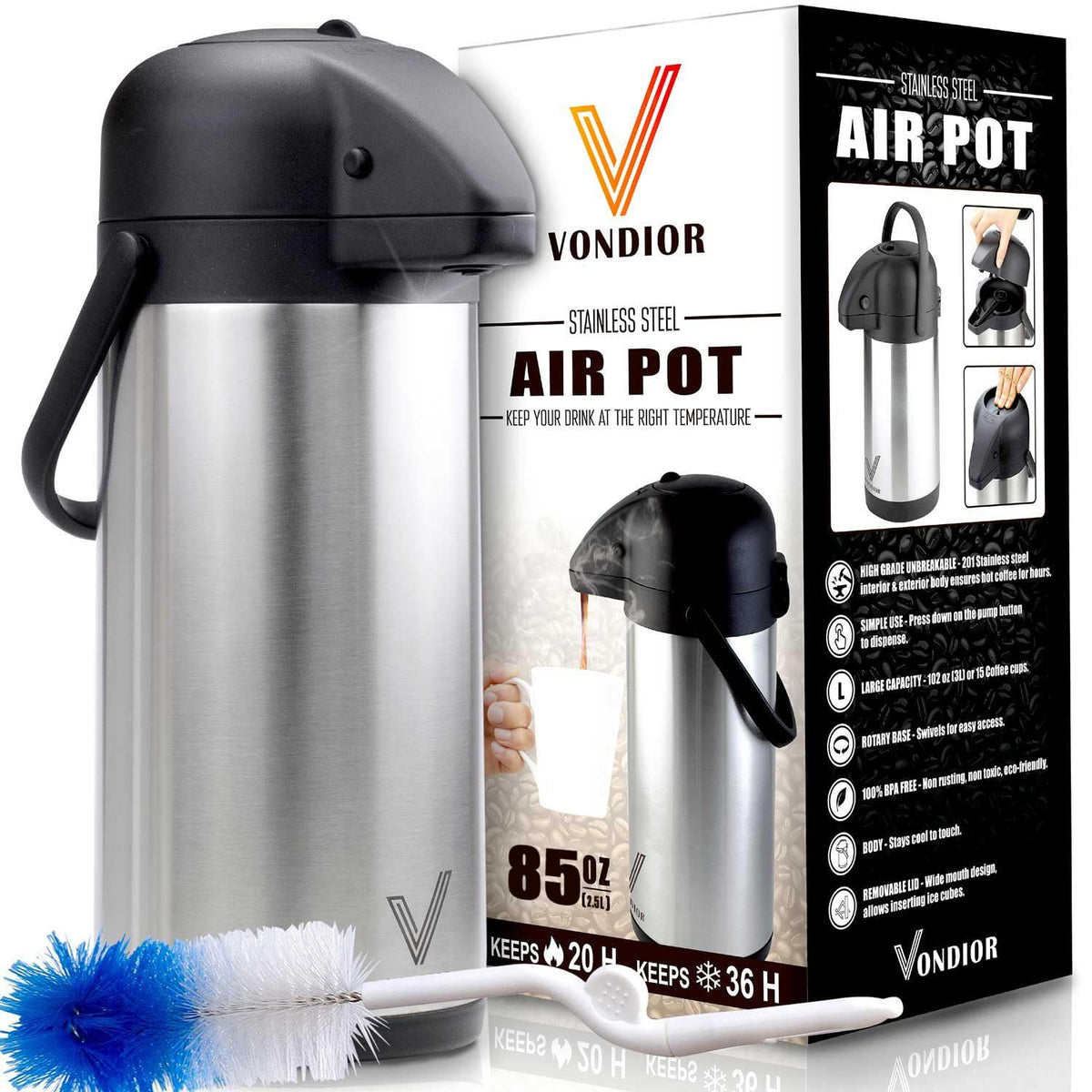 85 oz (2.5L) Airpot Coffee Carafe with Pump, Insulated Stainless Steel Coffee Dispenser, Coffee Carafes for Keeping Hot/Cold, Hot Beverage Dispenser for Party