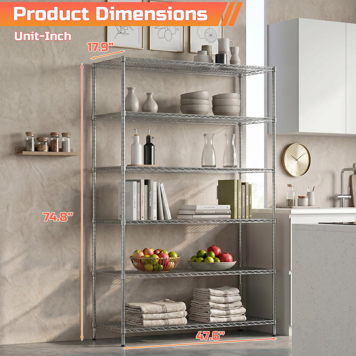 48 inch L×18 inch W×76 inch H Wire Shelving Unit Metal Shelf with 6 Tier Casters Adjustable Layer Rack Strong Steel for Restaurant Garage Pantry Kitchen Garage