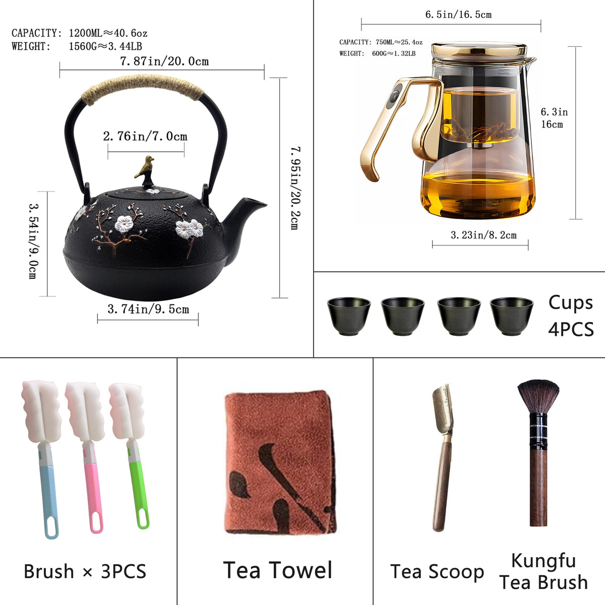 Magnetic Glass Teapot Set with 40.6oz Cast Iron Kettle for Stovetop