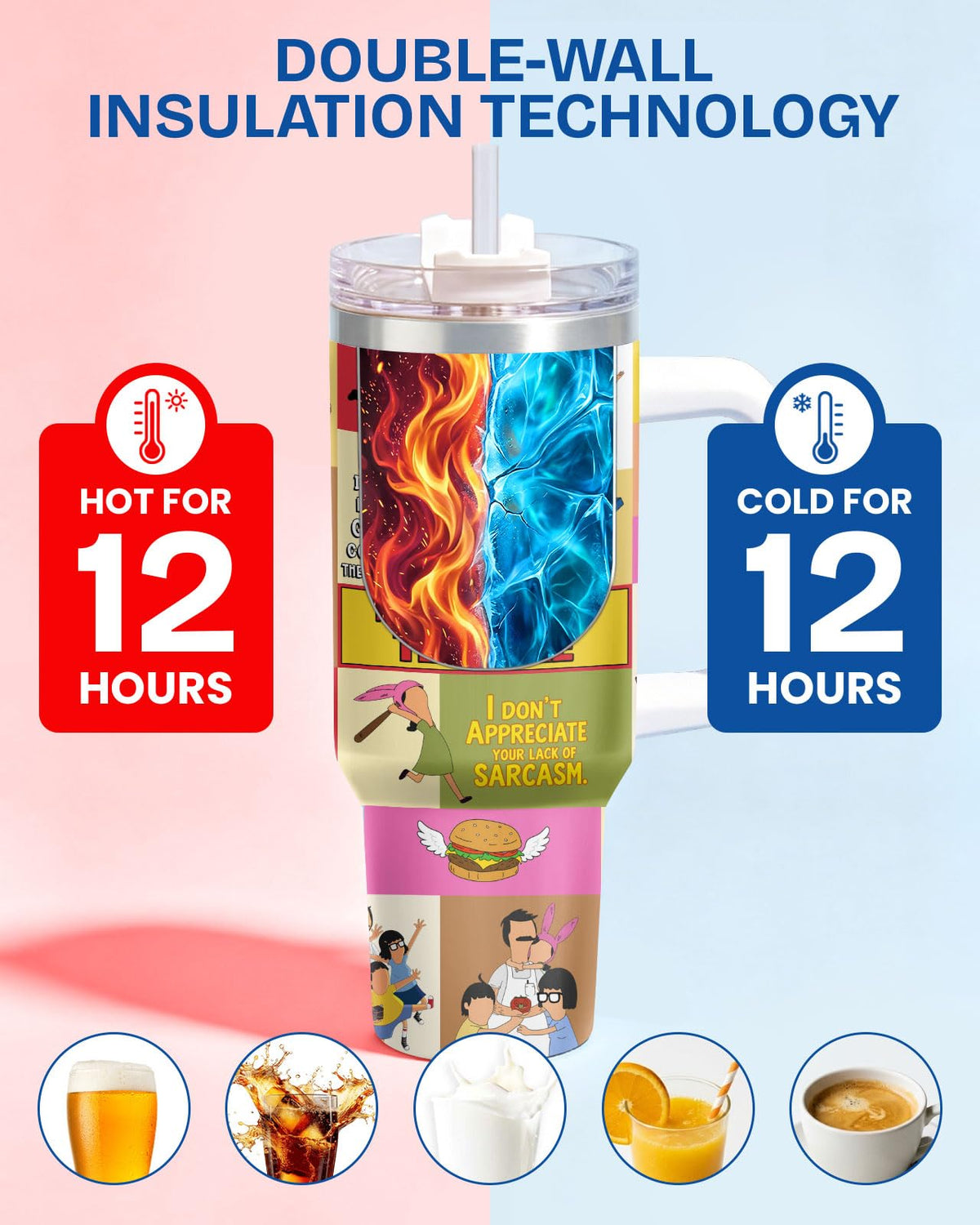 Bobs Burgers 40oz Tumbler with Handle Straw Lid Funny Quotes Tina Louise Insulated Stainless Steel Gifts for Women Men Fan Gift