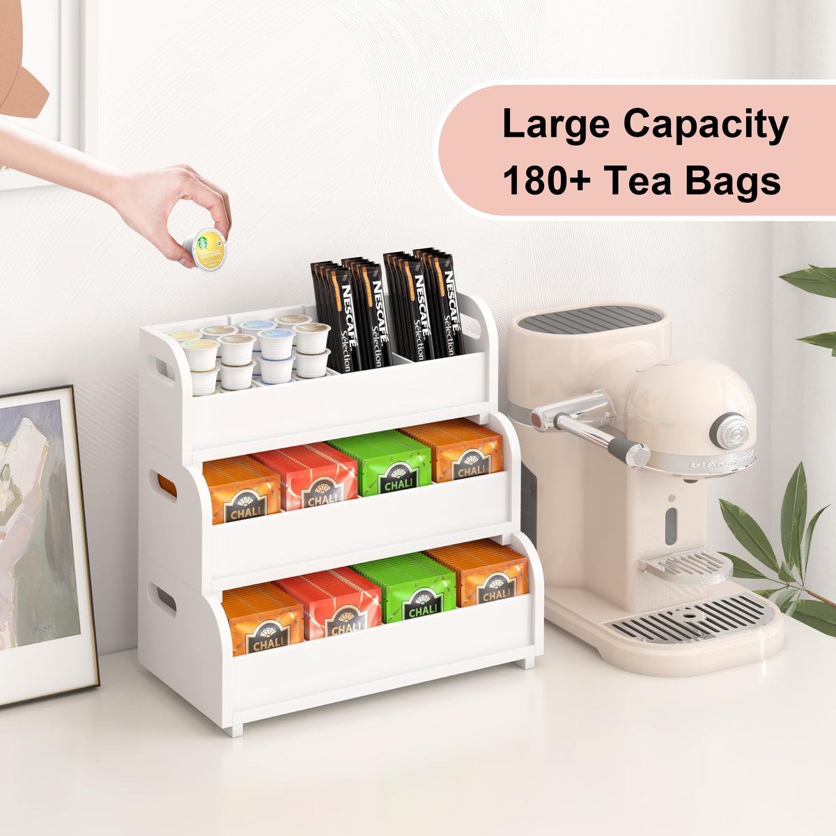 3 Tier Bamboo Tea Box Rack with Removable Dividers