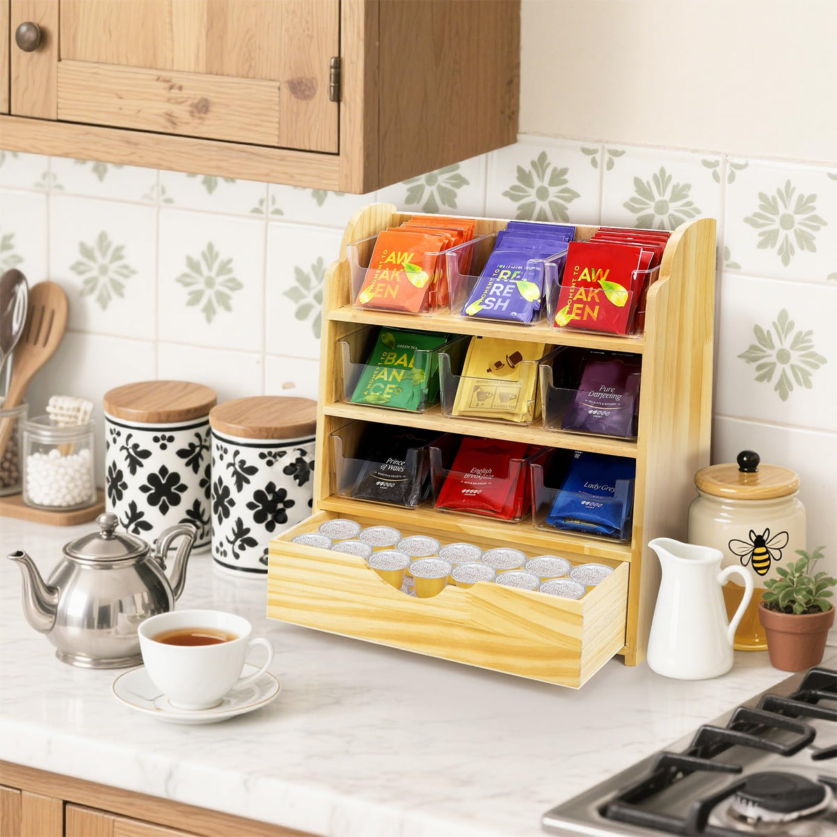 4 Tier Wood Tea Bag Organizer