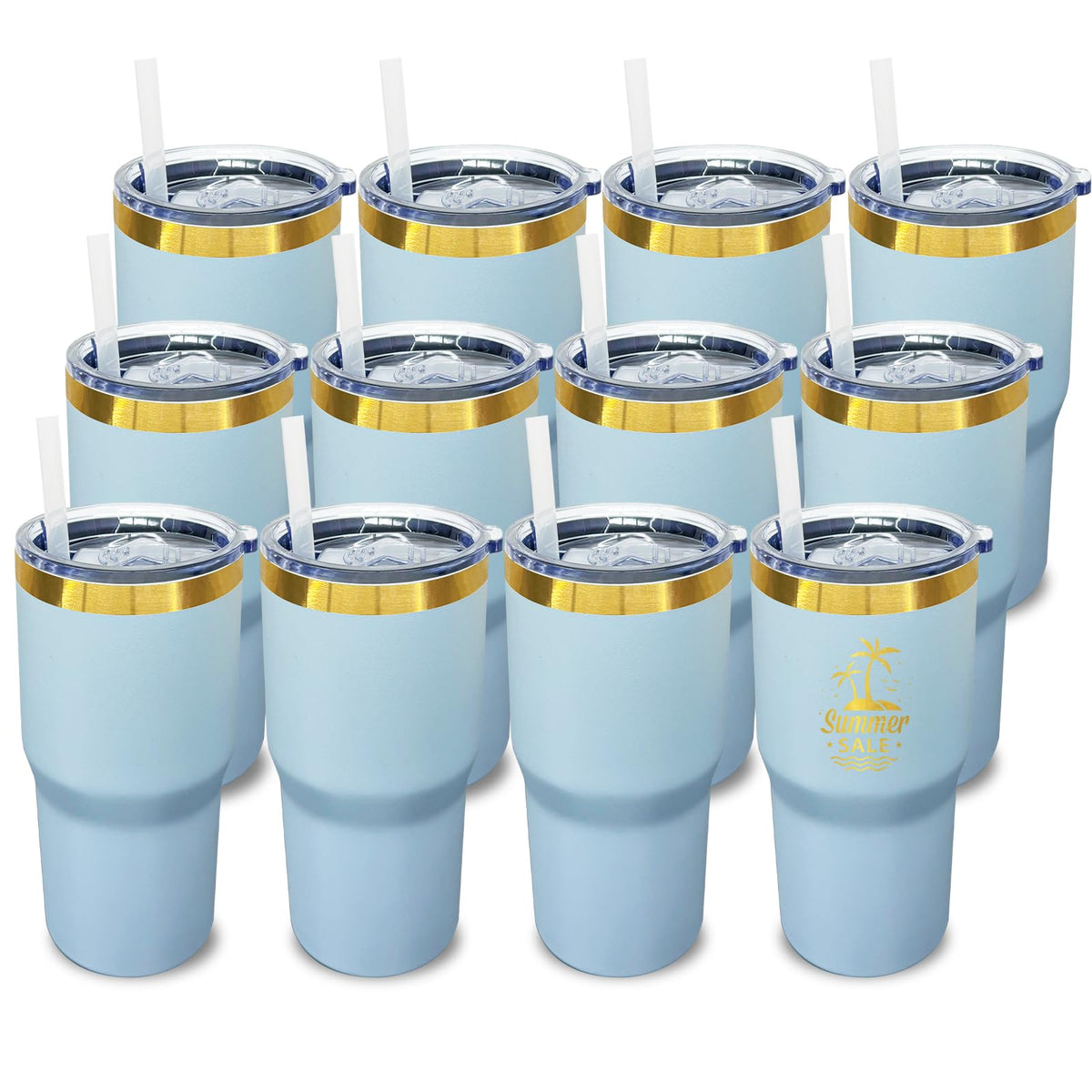 20 oz Tumbler Bulk Stainless Steel Tumblers with Lids and Straws SkyBlue (12 Count)