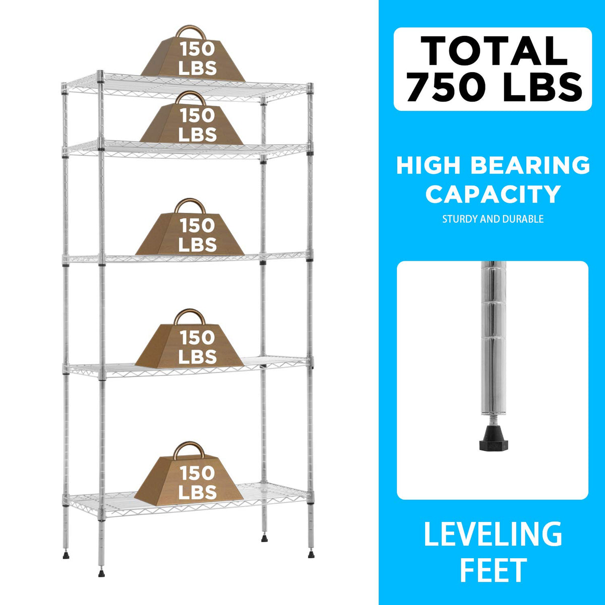 30" L×14" W×60" H Wire Shelving Unit Commercial Metal Shelf with 5 Tier Casters Adjustable Layer Rack Strong Steel for Restaurant Garage Pantry Kitchen Garage