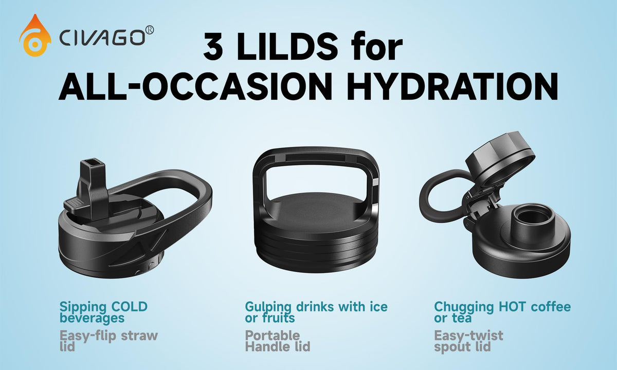 Gallon Insulated Stainless Steel Water Bottle With Straw and 3 Lids