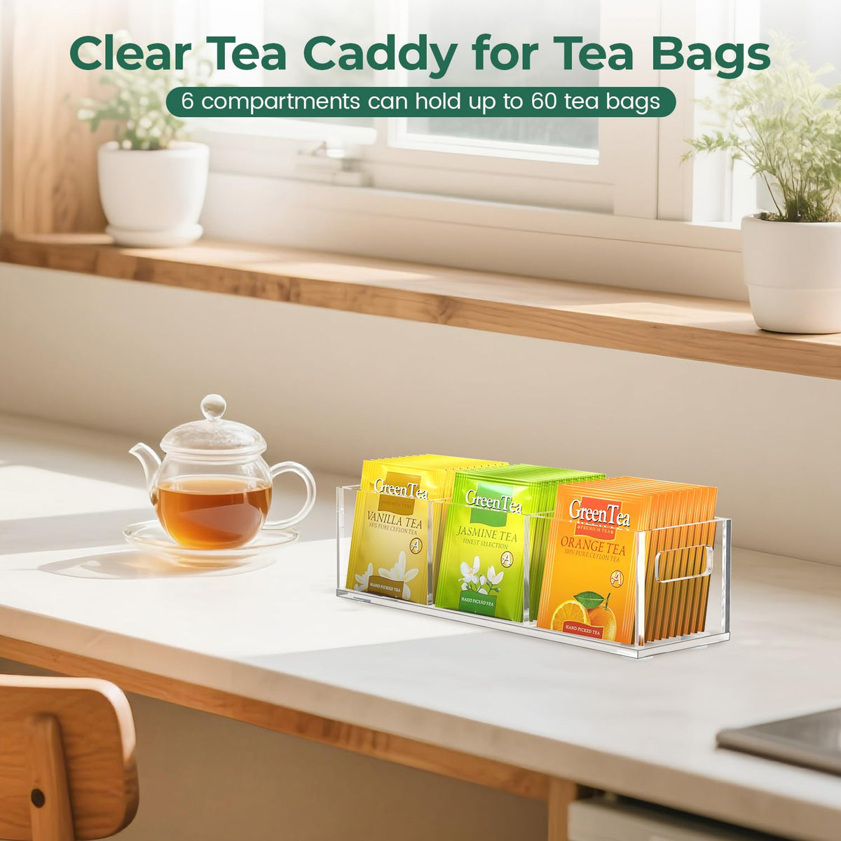 Tea Bag Holder Organizer for Counter Small Acrylic Teabag Caddy Storage