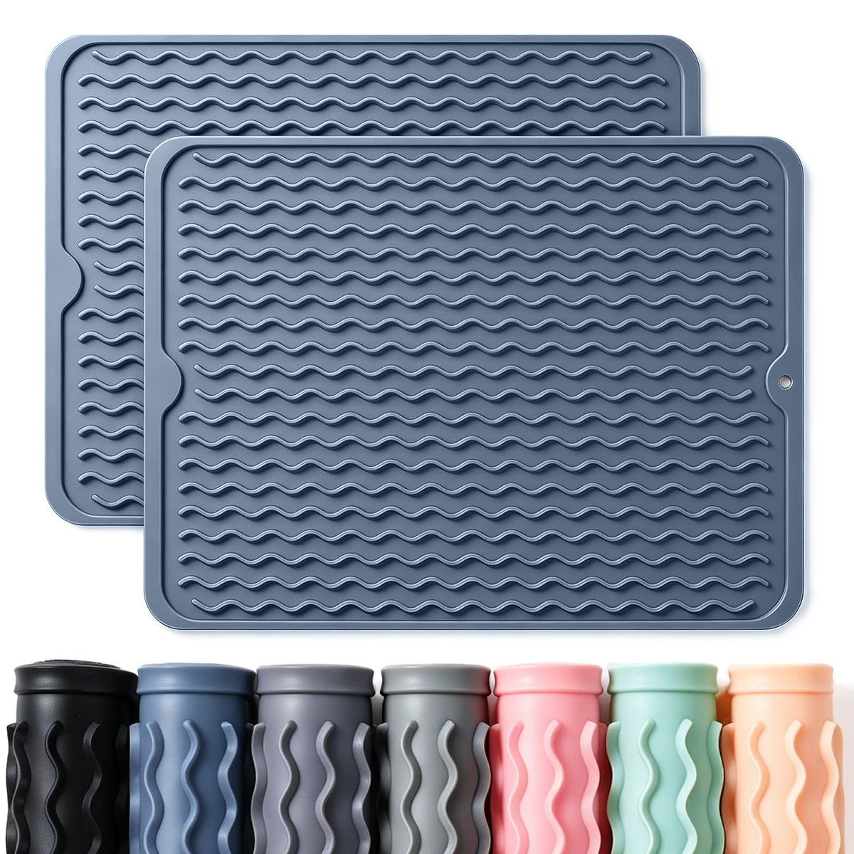 2 Pack Caketime Silicone Dish Drying Mat for Kitchen Counter Multiple Usage for Baking Cooking Grilling Under Sink Office Coffee Accessories Apartment Appliances Pioneer Woman Stuff 15"x11.5" Blue