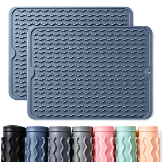2 Pack Caketime Silicone Dish Drying Mat for Kitchen Counter Multiple Usage for Baking Cooking Grilling Under Sink Office Coffee Accessories Apartment Appliances Pioneer Woman Stuff 15"x11.5" Blue