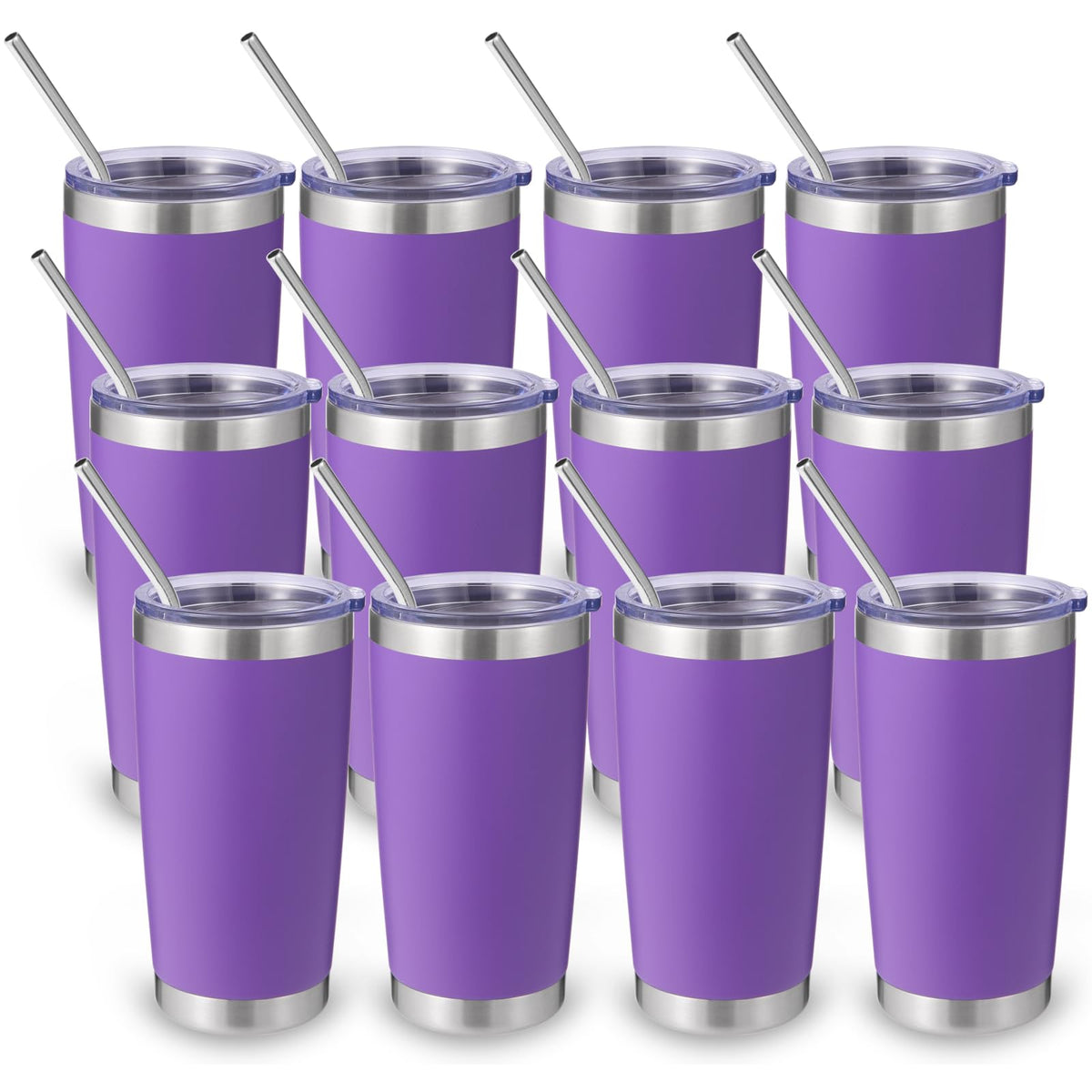 20oz Stainless Steel Tumbler with Lid and Straw Bulk 12 Pack (12 Count)