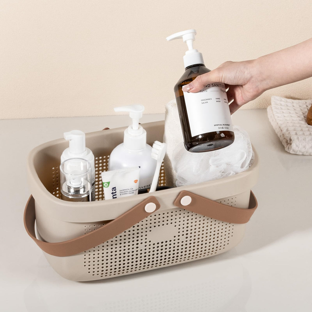 Portable Shower Caddy Basket with Handles Plastic Storage Basket Beige