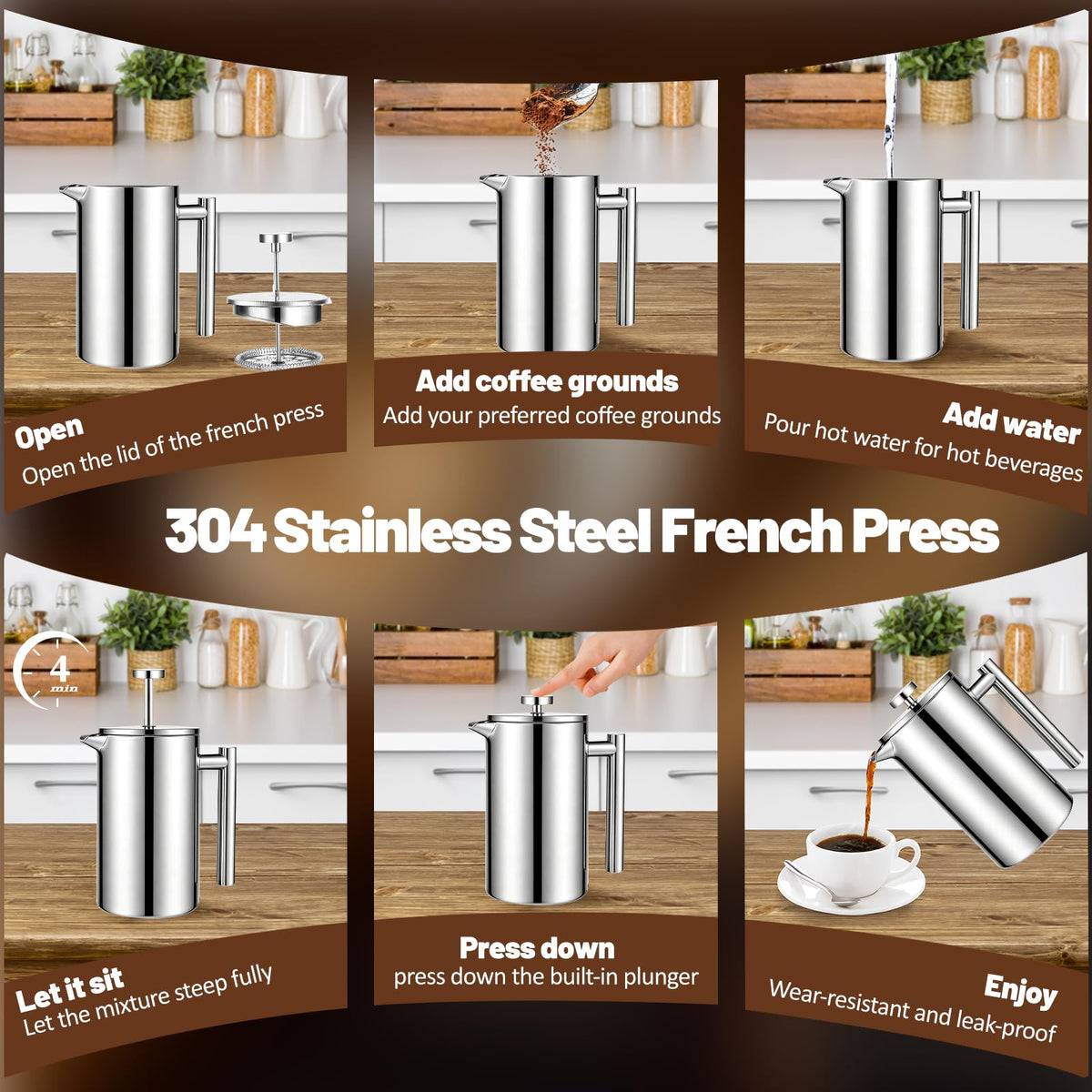 304 Thickened Stainless Steel 350ml French Press 11.83oz Moka Pot