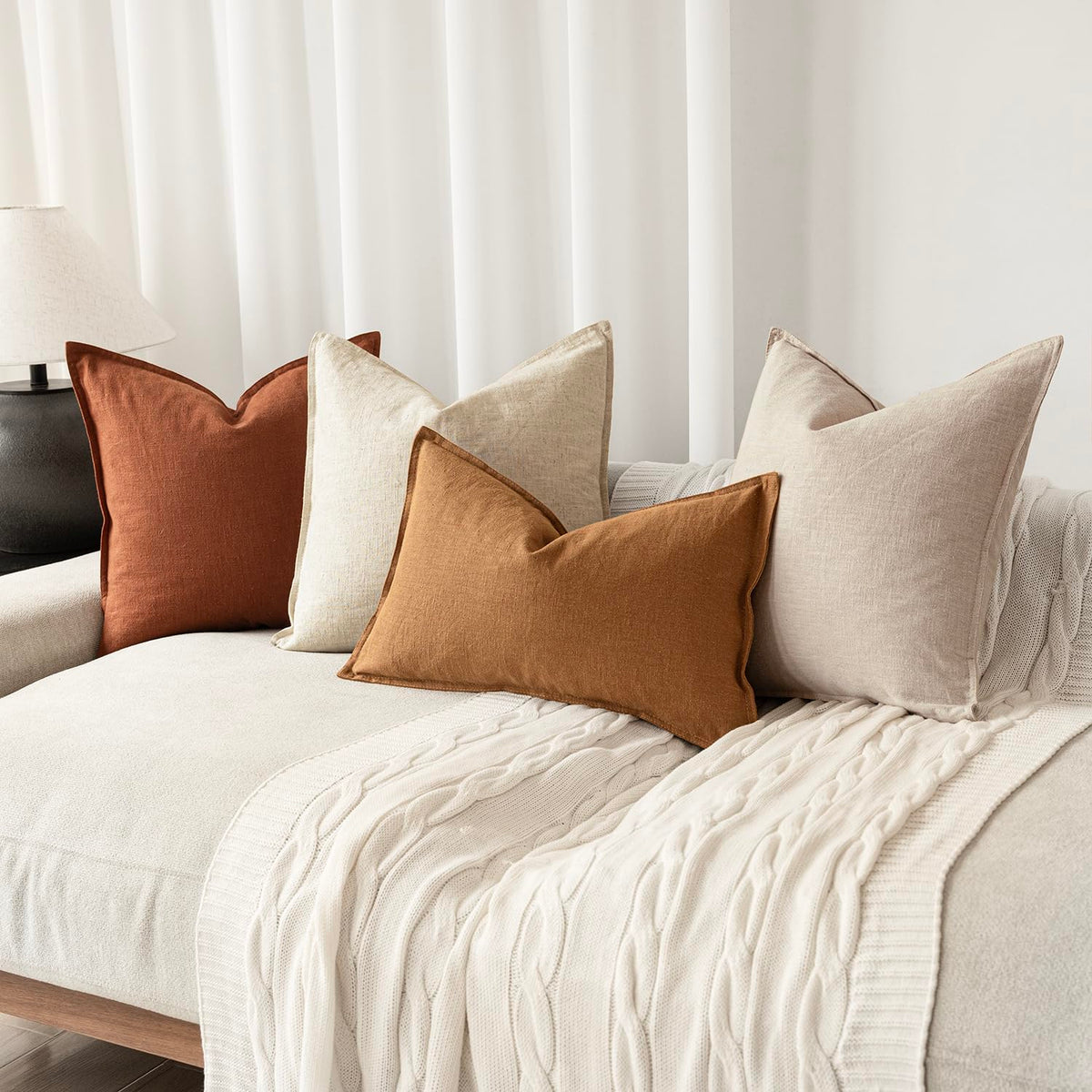 Pack of 2 Decorative Linen Soild Throw Pillow Covers Soft Accent Cushion Case Farmhouse Neutral Pillowcase for Chair Couch Sofa Bedroom Living Room Home Decor 24 x 24 Inch Fall Rust Orange