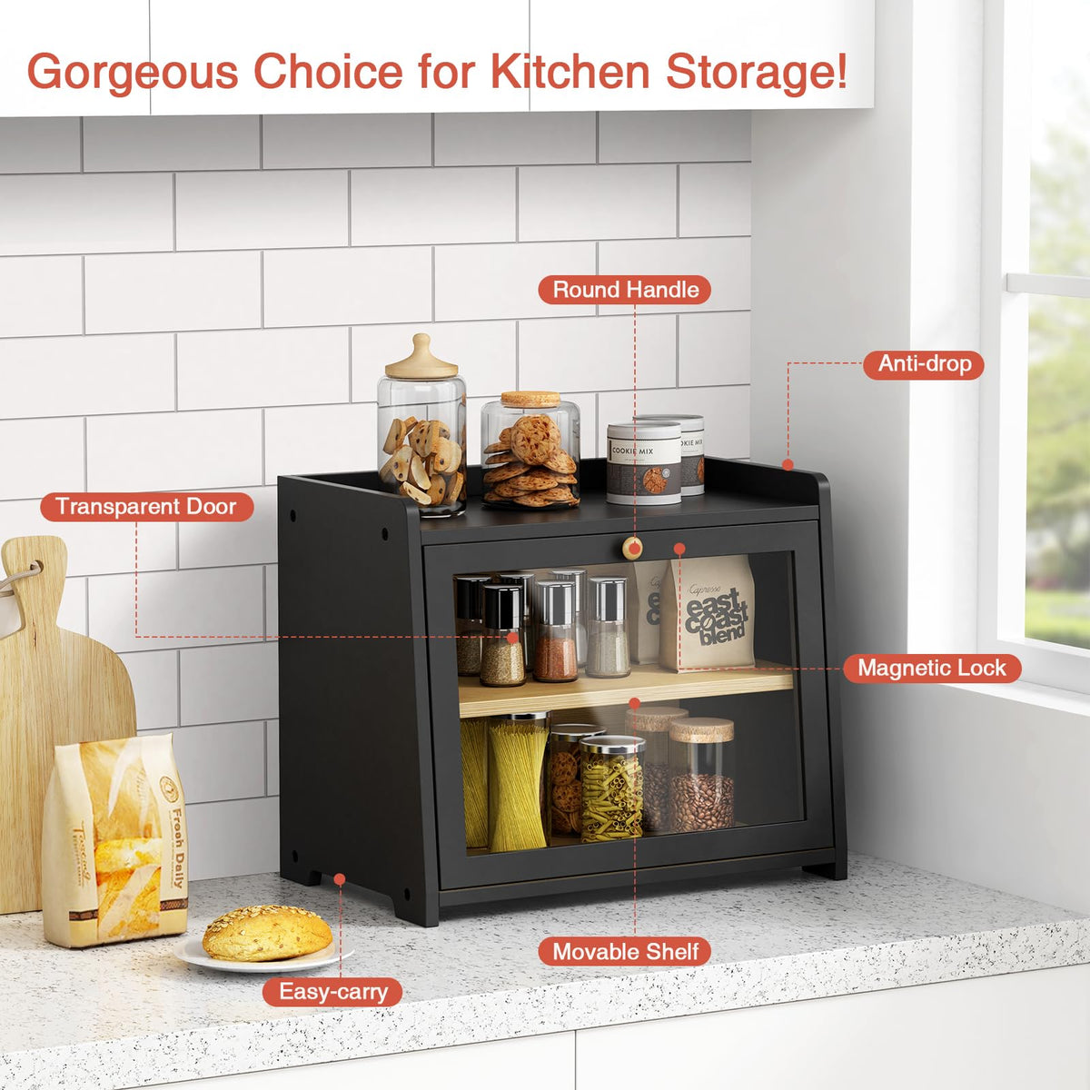 2 Tier Bread Box for Kitchen Countertop Black