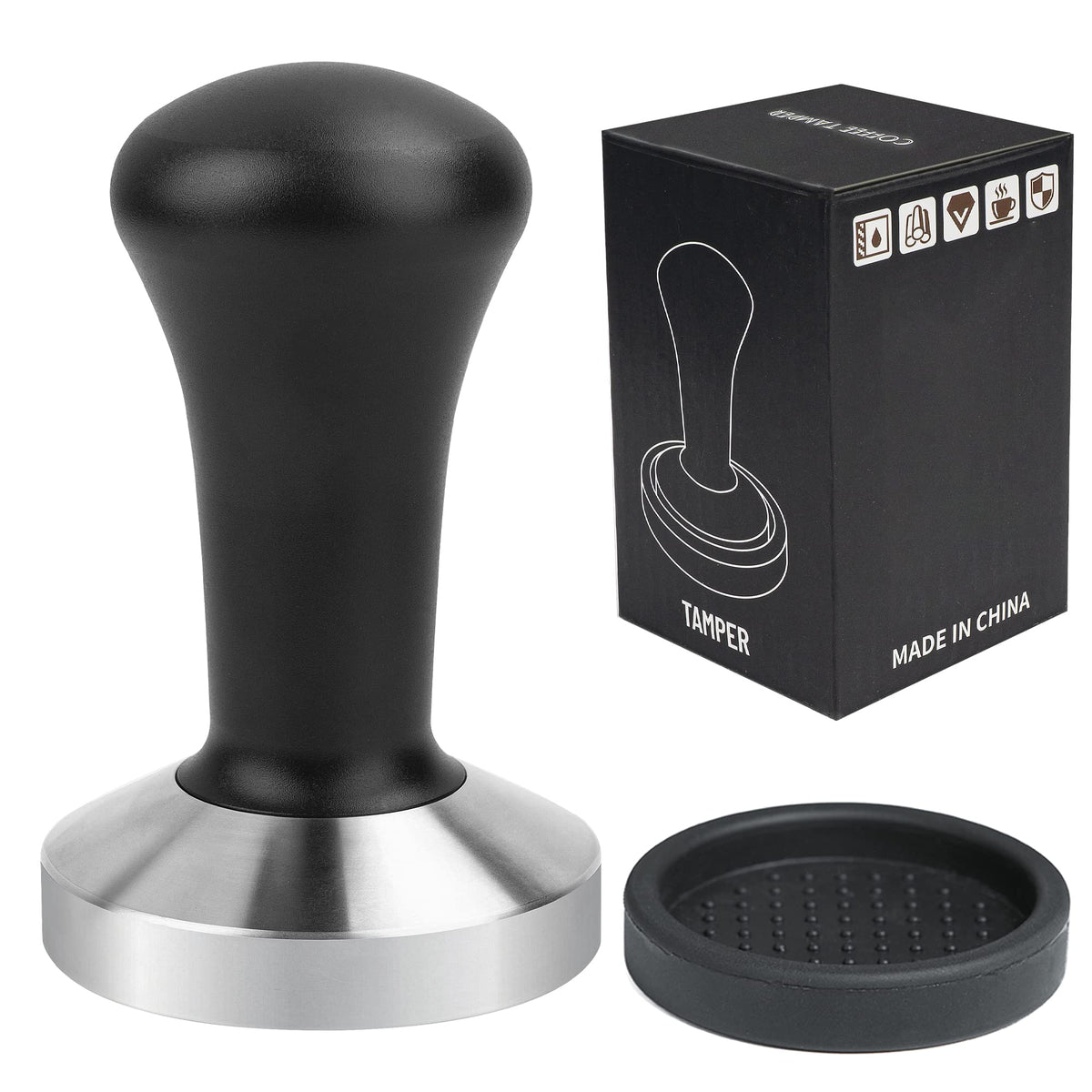 58mm Black Coffee Hand Tamper 304 Stainless Steel Base Professional Espresso Press for Portafilter Coffee Machine Barista Tool