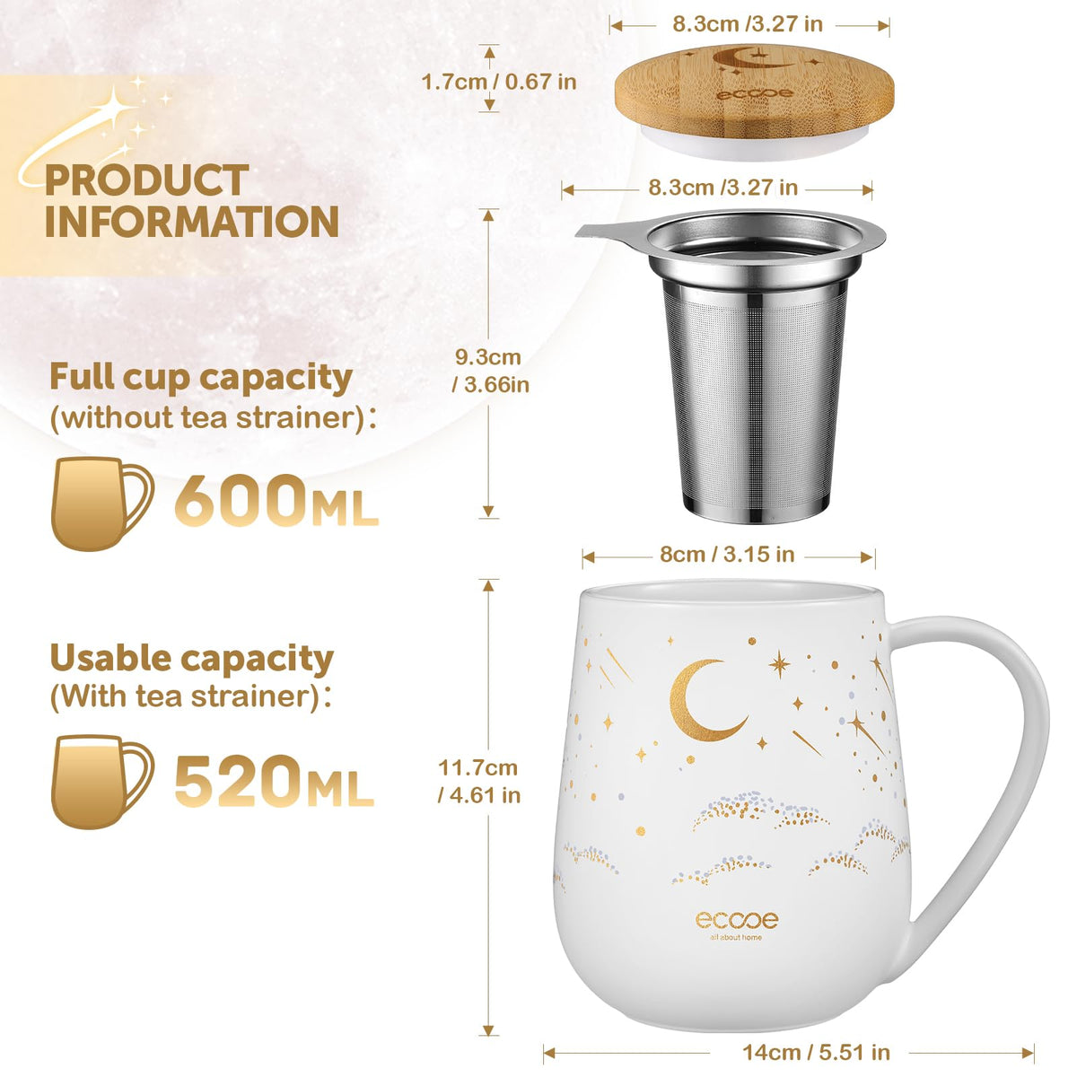 Large Tea Infuser Mug 20.3oz Ceramic Tea Cup with Removable Stainless Steel Infuser and Lid