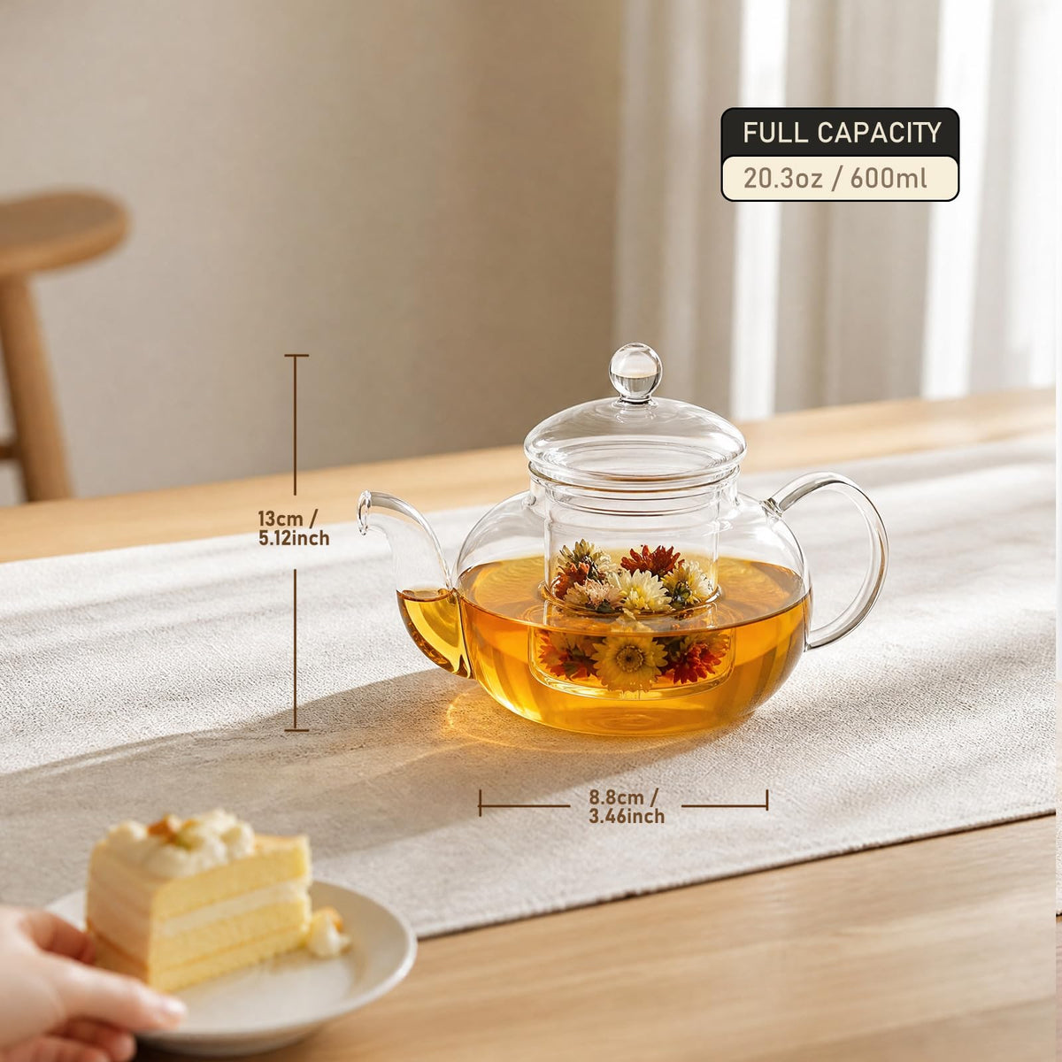 600ml (20.3oz) Borosilicate Glass Teapot with Removable Glass Infuser, Stovetop Safe Clear Tea Kettle for Blooming Tea & Loose Leaf Tea