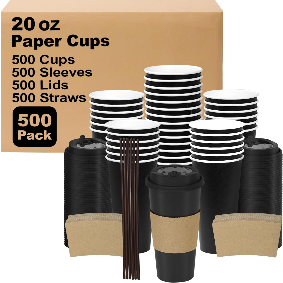 20 oz 500 Pack Coffee Cups with Lids and Sleeves (500 Count)