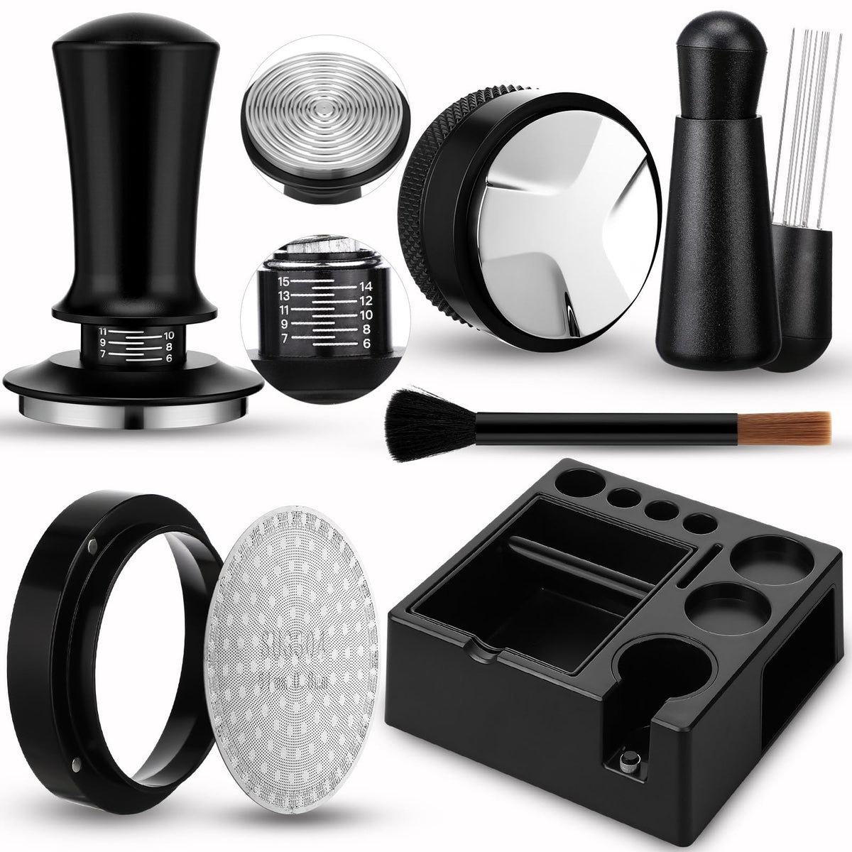 53mm Black 7 Pcs Espresso Accessories Kit with Tamping Station (7 Count)