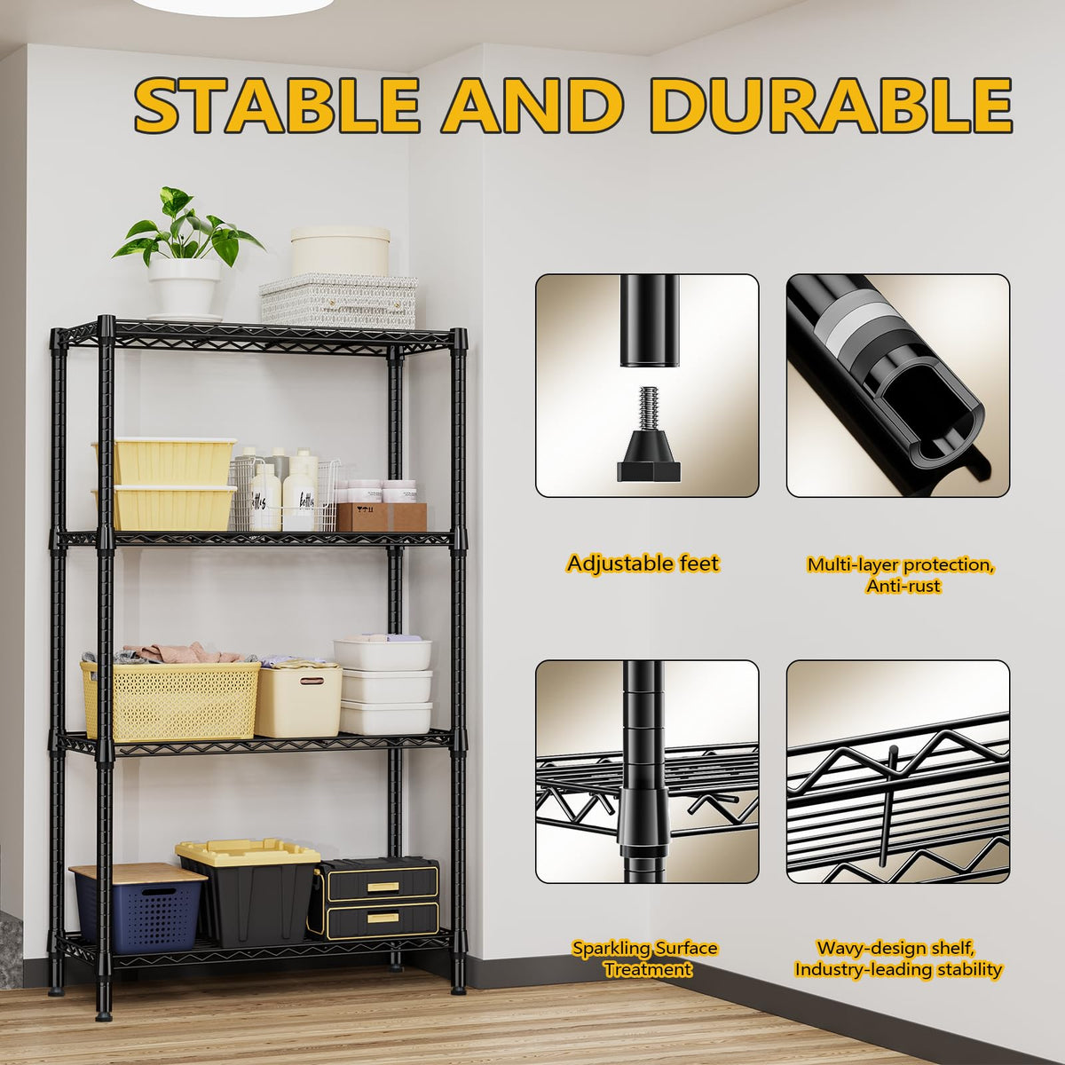 1000 lbs 4 Tier Shelf Metal Storage Shelves Shelving Wire Rack Heavy Duty Closet Organizers for Garage Kitchen Bathroom Laundry Black 15.7" D x 33.5" W x 59.5" H (4 Count)
