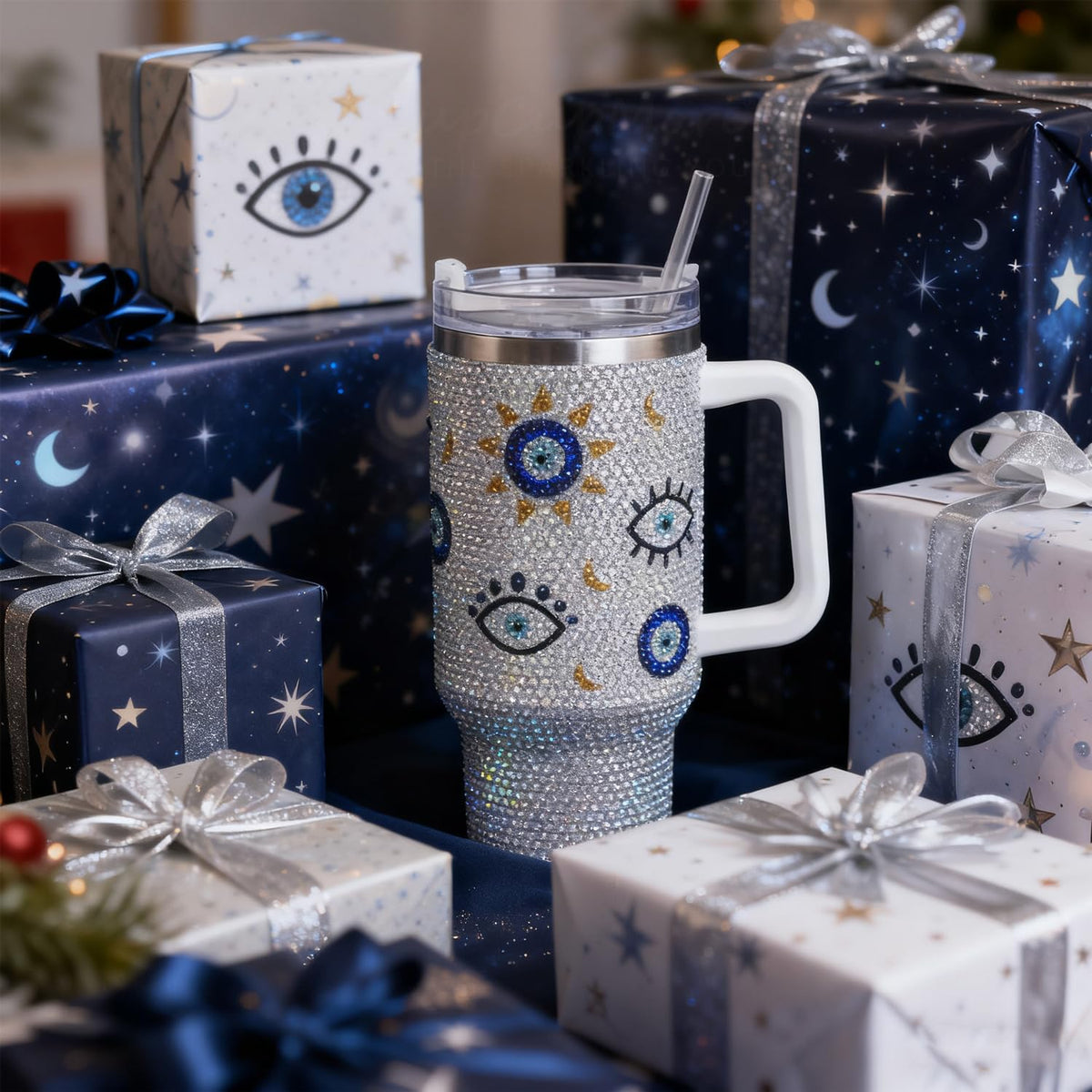 40oz Bling Rhinestone Tumbler with Handle and Straw Glitter Cups