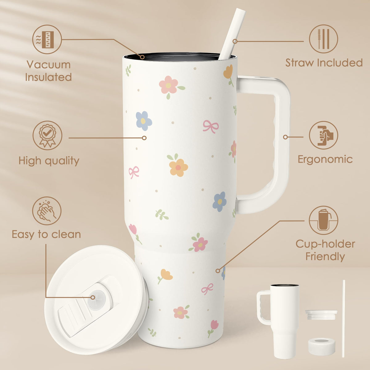 Floral 40oz Slider Tumbler with Handle and Straw