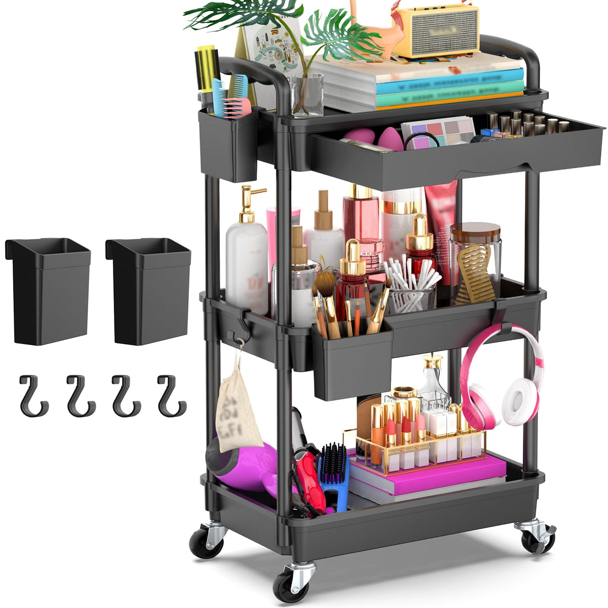 3 Tier Rolling Utility Cart Organizer with Removable Drawer