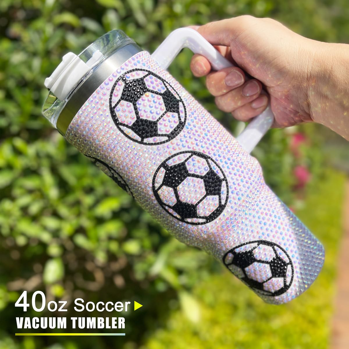 40 oz Bling Rhinestone Tumbler with Handle and Straw Soccer Cup