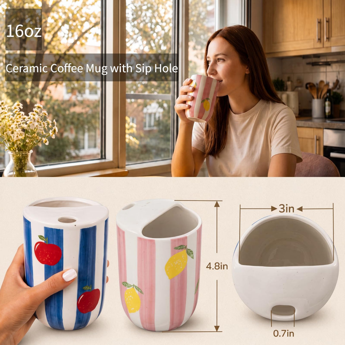 2 Pack 16 oz Ceramic Coffee Mugs with Sip Hole (2 Count)