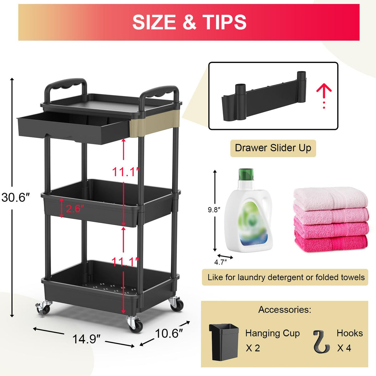 3 Tier Rolling Utility Cart Organizer with Removable Drawer