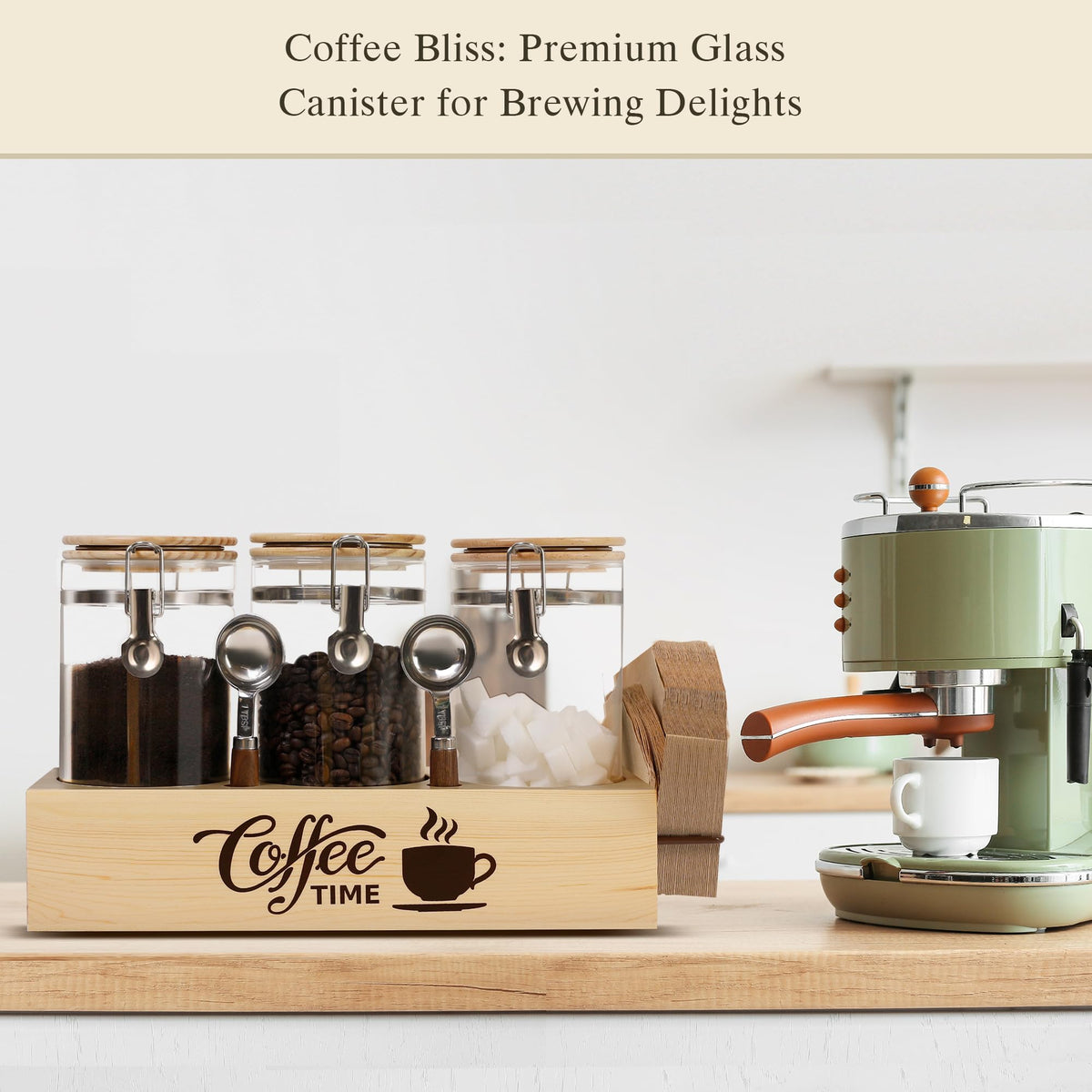 Glass Coffee Canister Set with Shelf & Spoons