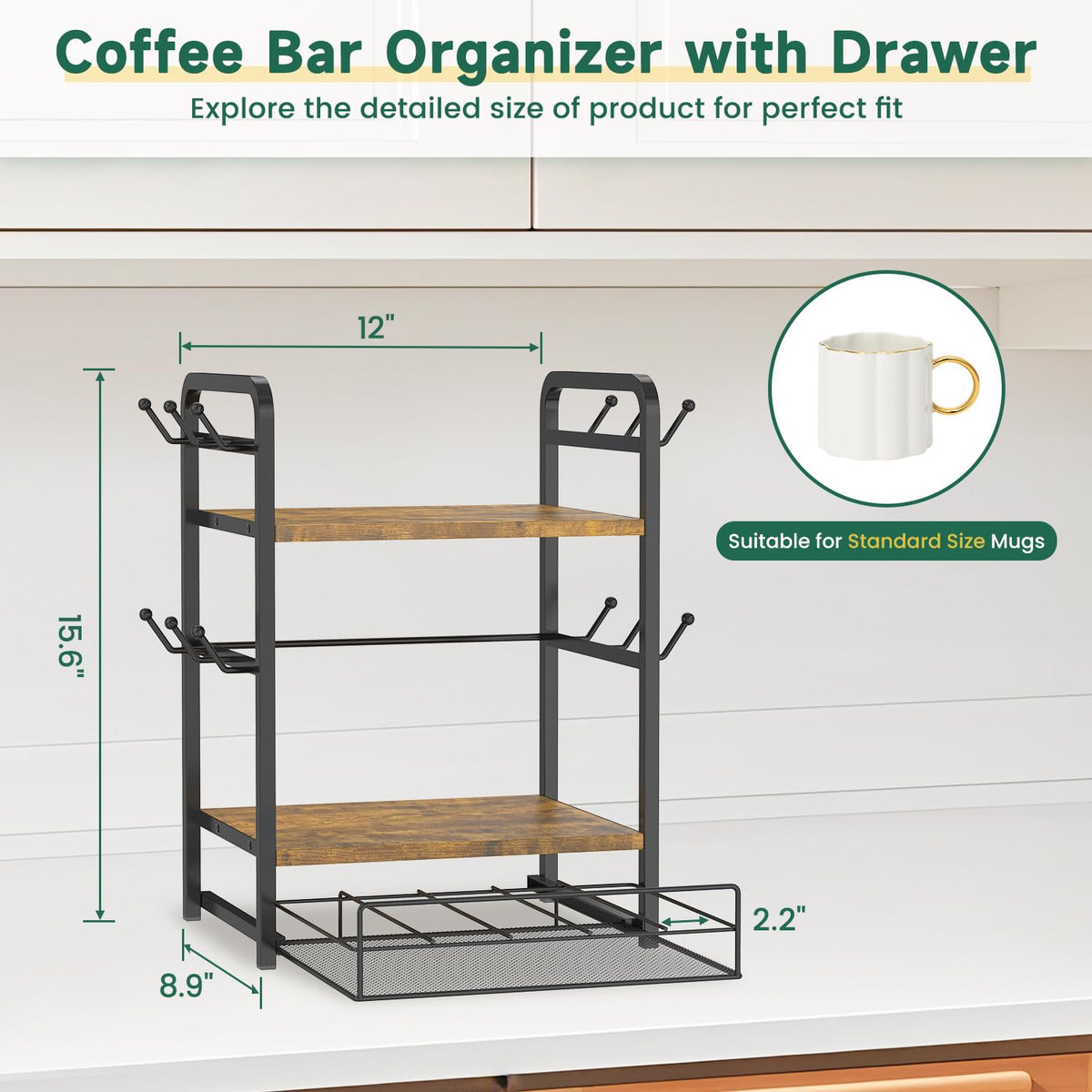 Coffee Bar Organizer Station Shelf Mug Holder for Countertop