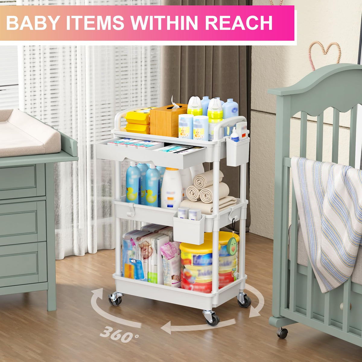 3 Tier Rolling Utility Cart Organizer with Removable Drawer