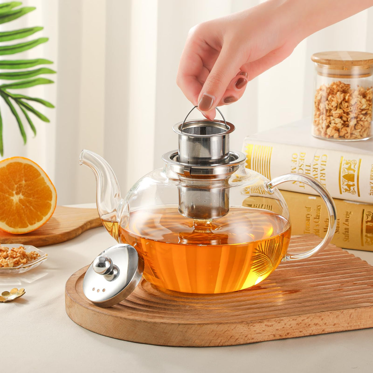 50OZ 1500ML Glass Teapot with Stainless Steel Removable Infuser & Lid