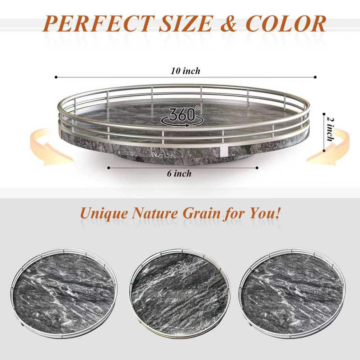 AHM10 Inch Gray Marble Lazy Susan with Silver Iron Frame