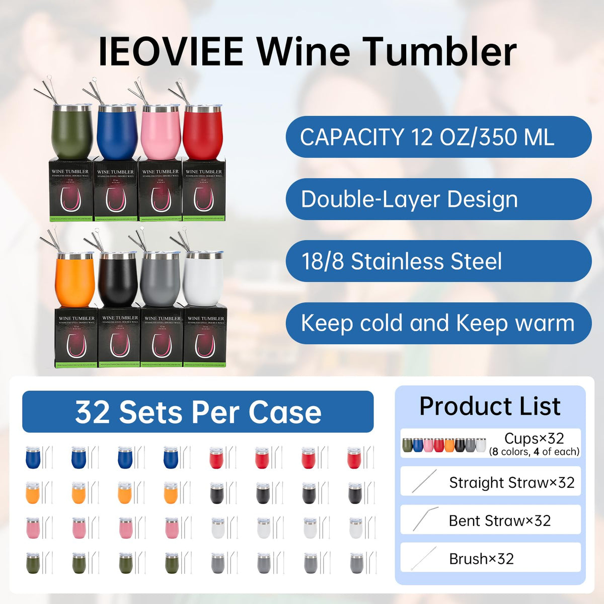 32Pack 12oz Stainless Steel Wine Bulk Tumblers with Lids and Straws (32 Count)