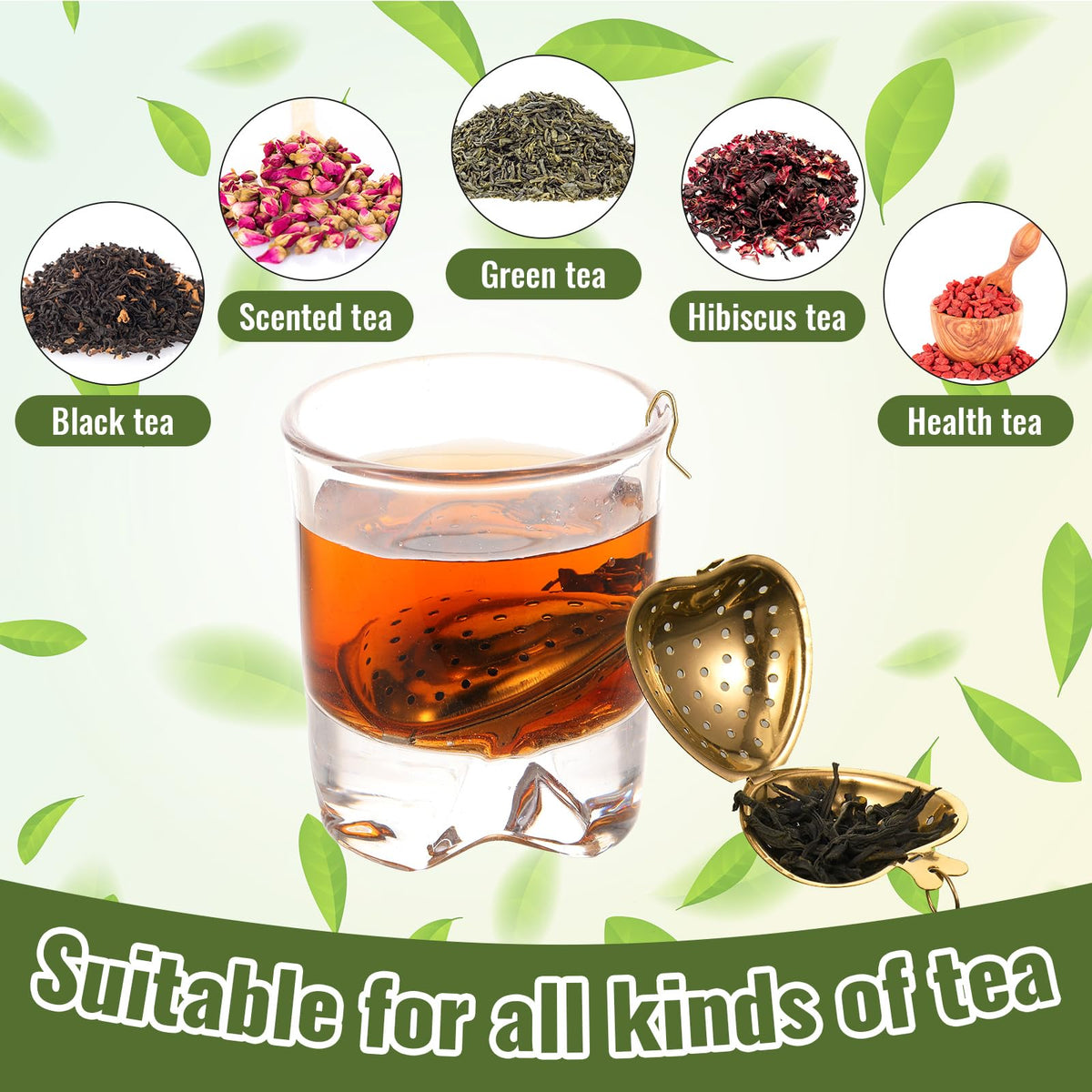 50 Pcs Stainless Steel Tea Strainer Ball Infuser Loose Leaf Steeper Interval Diffuser Heart Shape Mesh Filters with Extended Chain Hook for tea party Seasonings Cup Bottle