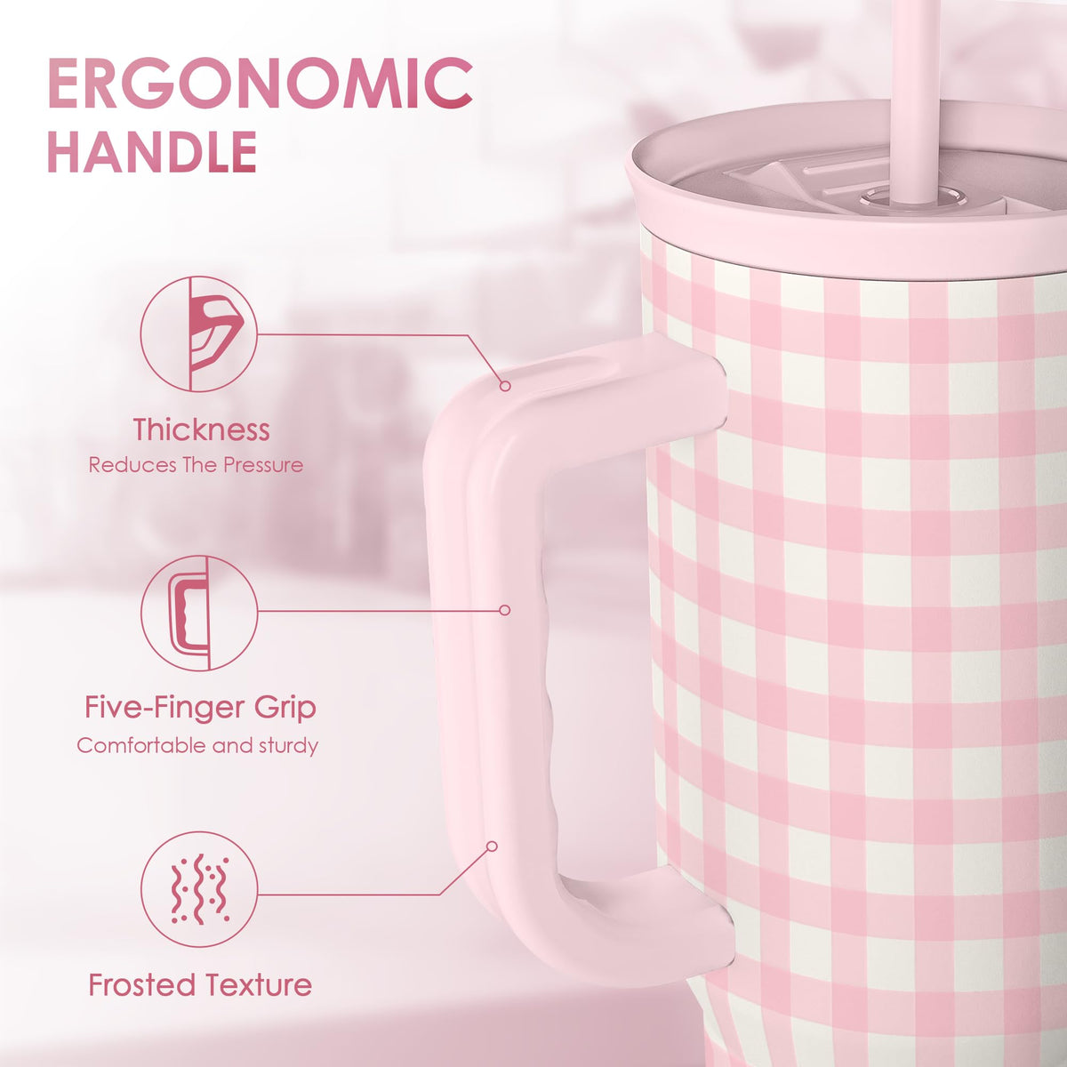 Pink Gingham 40oz Slider Tumbler with Handle and Straw