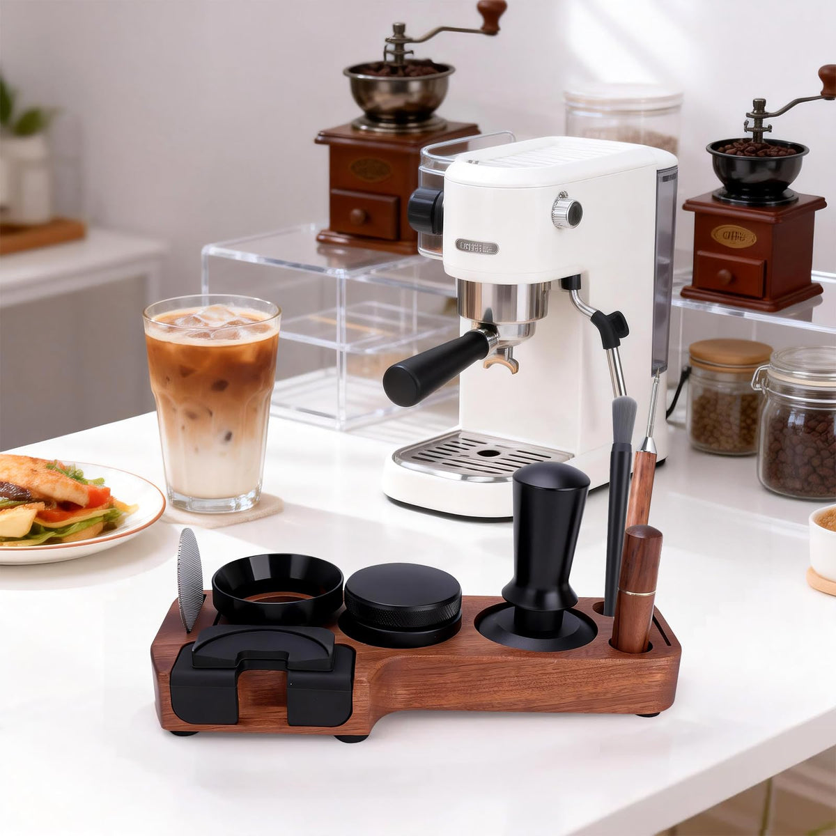 9-in-1 Espresso Tool Set: 58mm Tamper, WDT Tool, Distributor, Magnetic Funnel, Puck Screen, Brush, Cleaning Cloth, Latte Art Needle & Wooden Stand for Breville De'Longhi