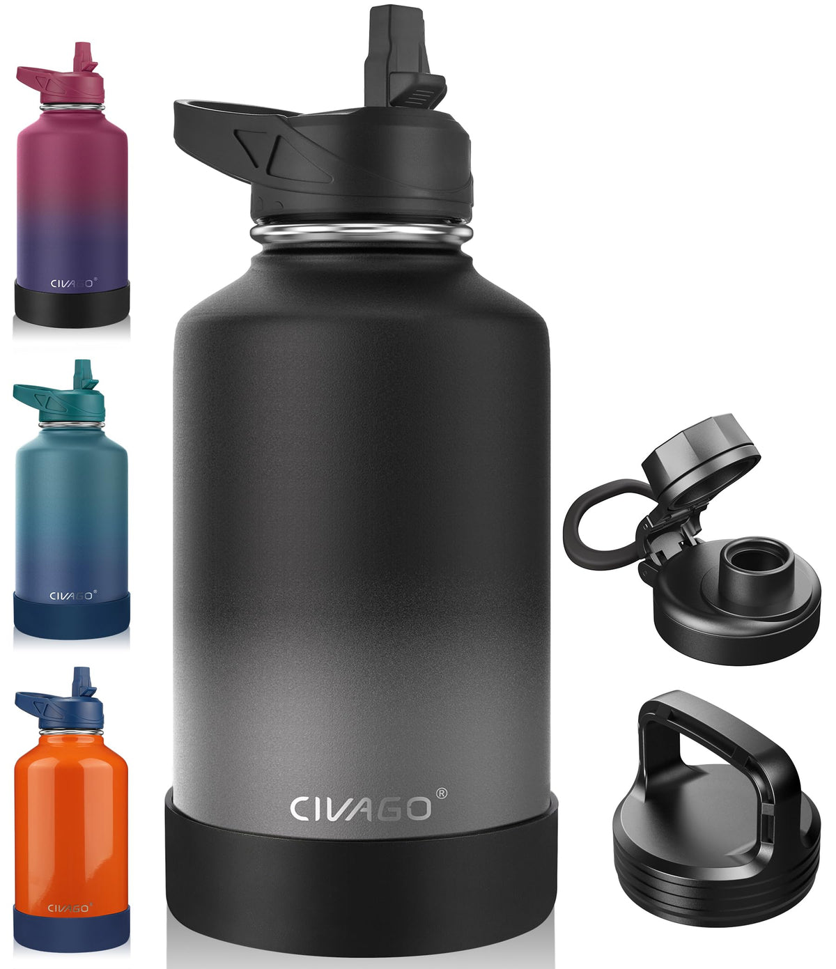 64 oz Insulated Stainless Steel Water Bottle With Straw and 3 Lids