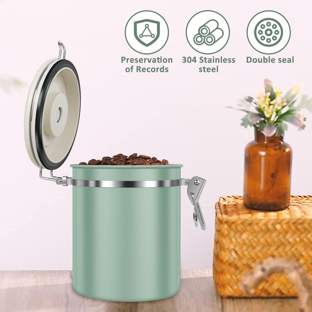 2PCS Coffee Storage Canister 1.5L 51OZ Double Airtight Coffee Beans Container with Date Locator 304 Stainless Steel Kitchen Food Storage Container with Spoon For Coffee Beans Grounds Tea Sugar (2 Count)