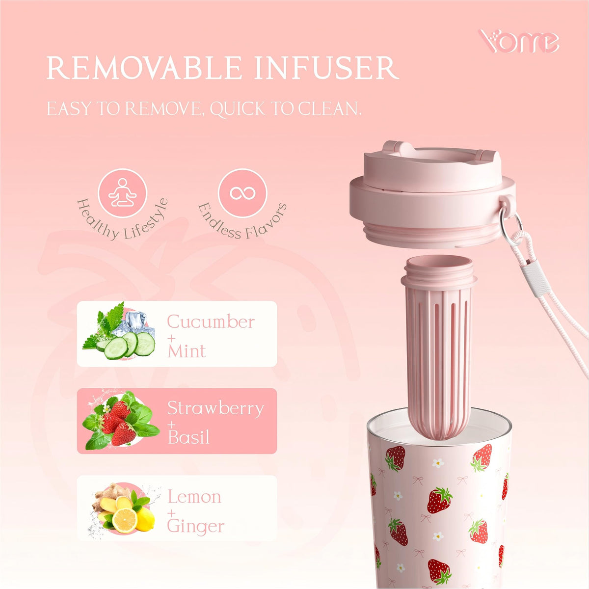 17oz Strawberry Pink Ceramic Lined Insulated Coffee Mug with Infuser for Women