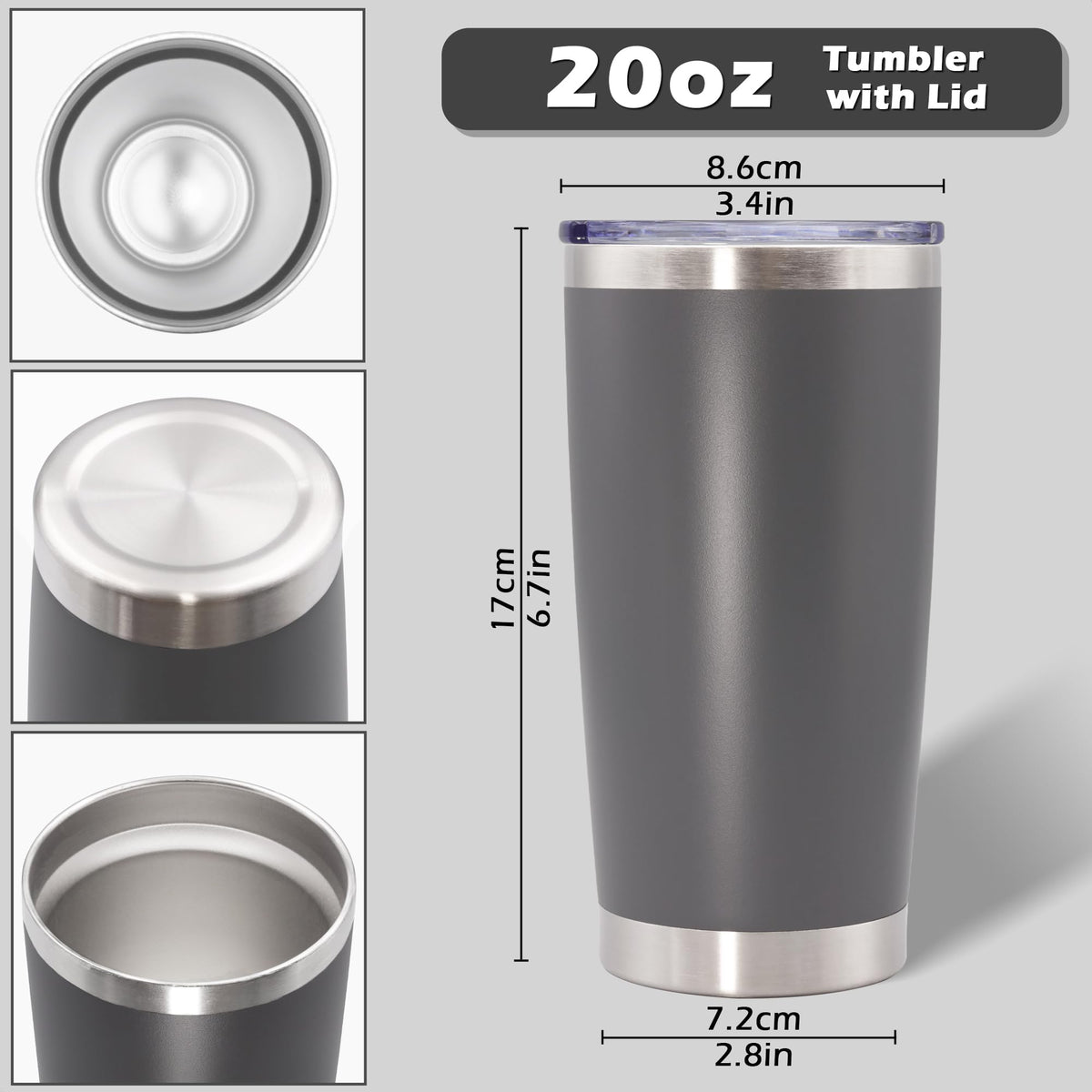 20oz Tumbler with Lid Stainless Steel Tumblers Insulated Mug Grey 1P