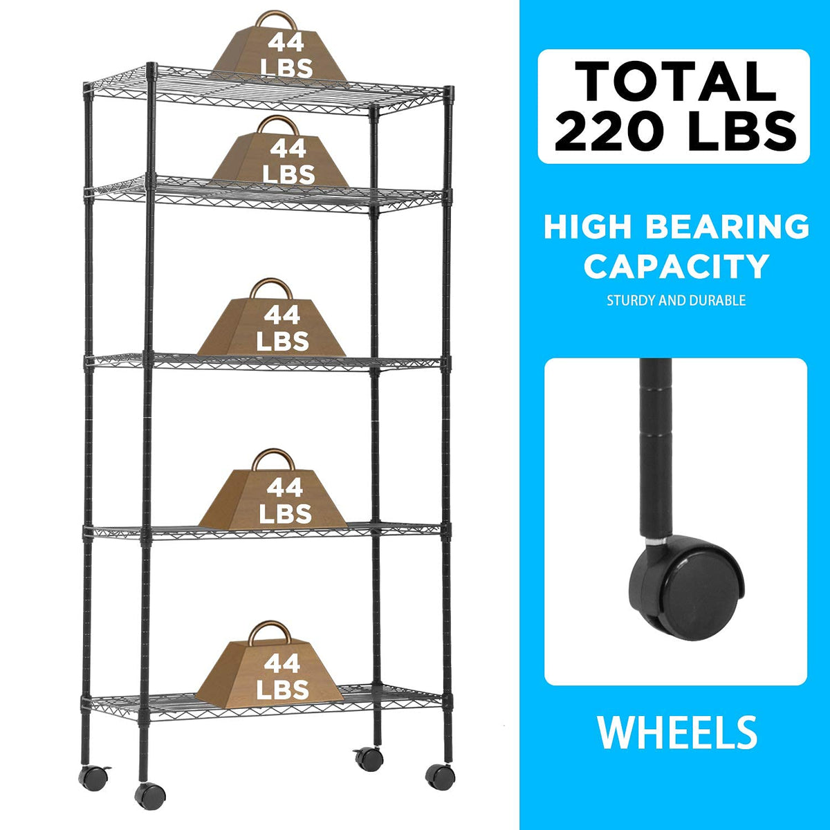 30" L×14" W×60" H Wire Shelving Unit Metal Shelf with 5 Tier Casters Adjustable Layer Rack Strong Steel for Restaurant Garage Pantry Kitchen Garage