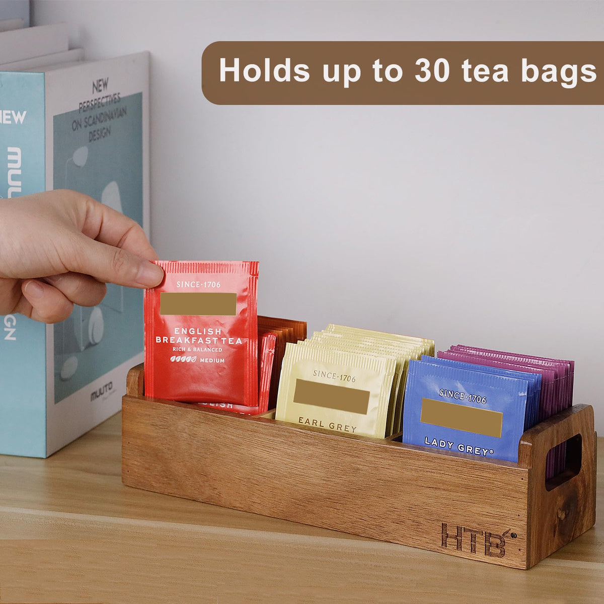 Acacia Wood Small Tea Bag Box with 3 Compartments for Counter Drawer