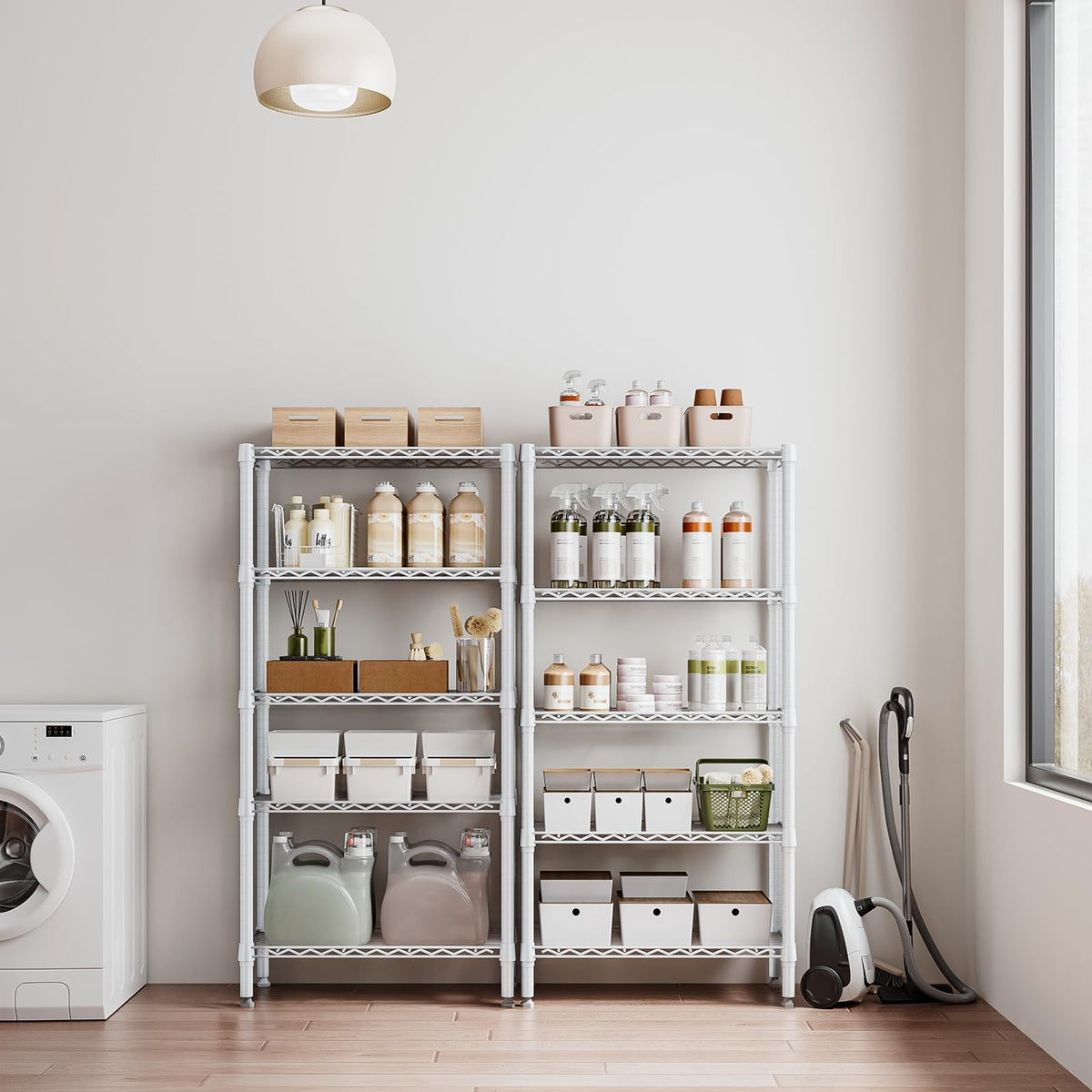 1250 lbs 5 Tier Shelf Metal Storage Shelves Wire Rack Closet Organizers for Garage Kitchen Bathroom Laundry White 11.8" D x 29.5" W x 59.5" H (5 Count)