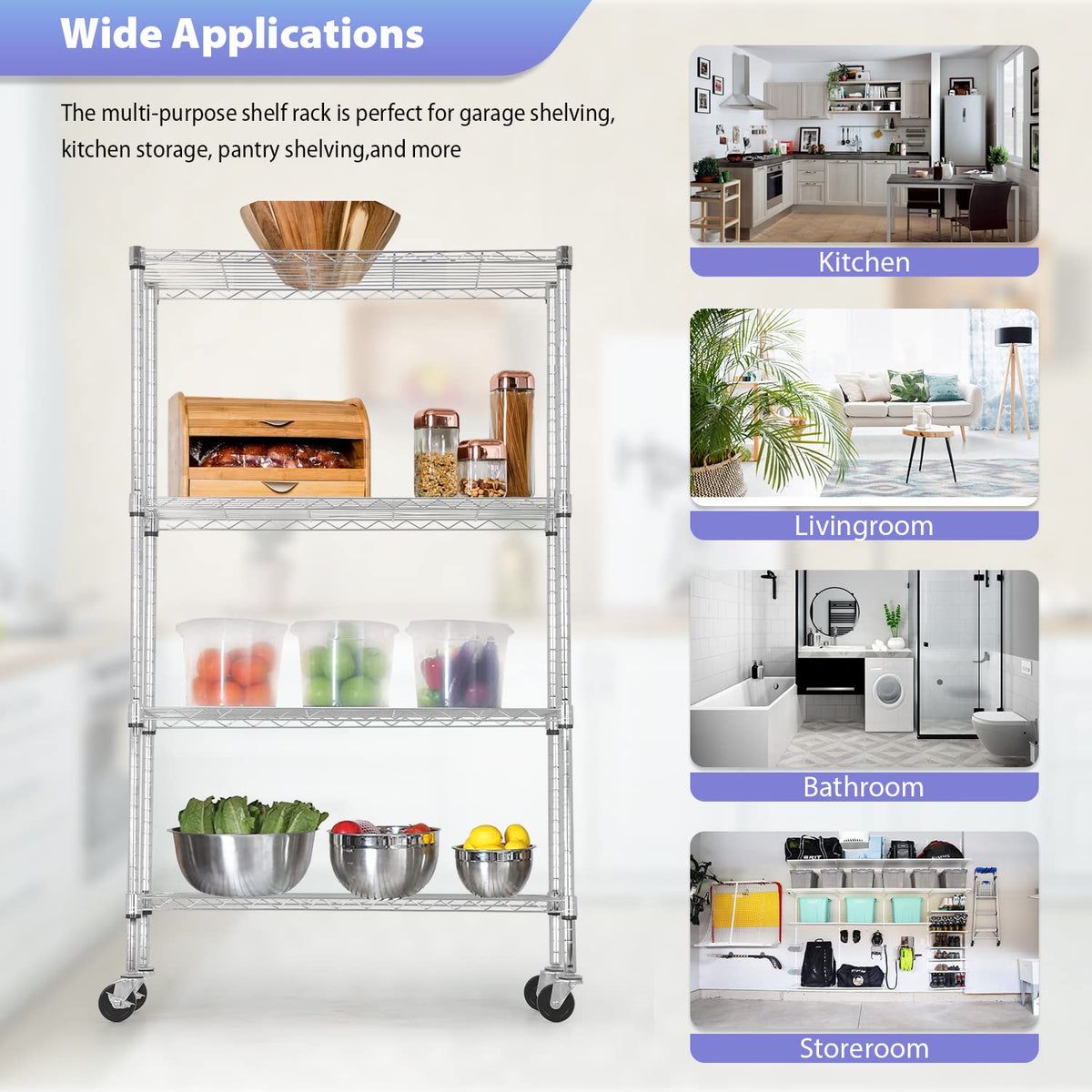 4 Tier Wire Shelving Storage Shelves Adjustable NSF Wire Shelf Heavy Duty Storage Shelving Unit on 3” Wheel Casters Commercial Metal Wire Rack 36L x 14W x 62H (4 Count)
