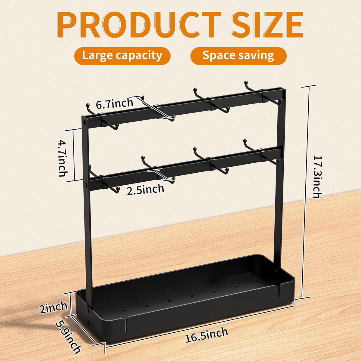 2 Tier Coffee Cup Holder with 16 Movable Hooks & Storage Basket