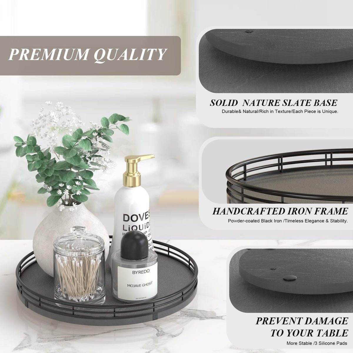 10 Inch Natural Slate Lazy Susan with Black Raised Iron Rim