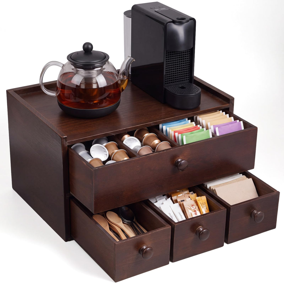 Wooden Tea Box Organizer with Drawer Wooden Coffee Pod Organizer Tea and Coffee Storage Box Double Layer for Countertop Display Cup Drawer Storage Under Brewer