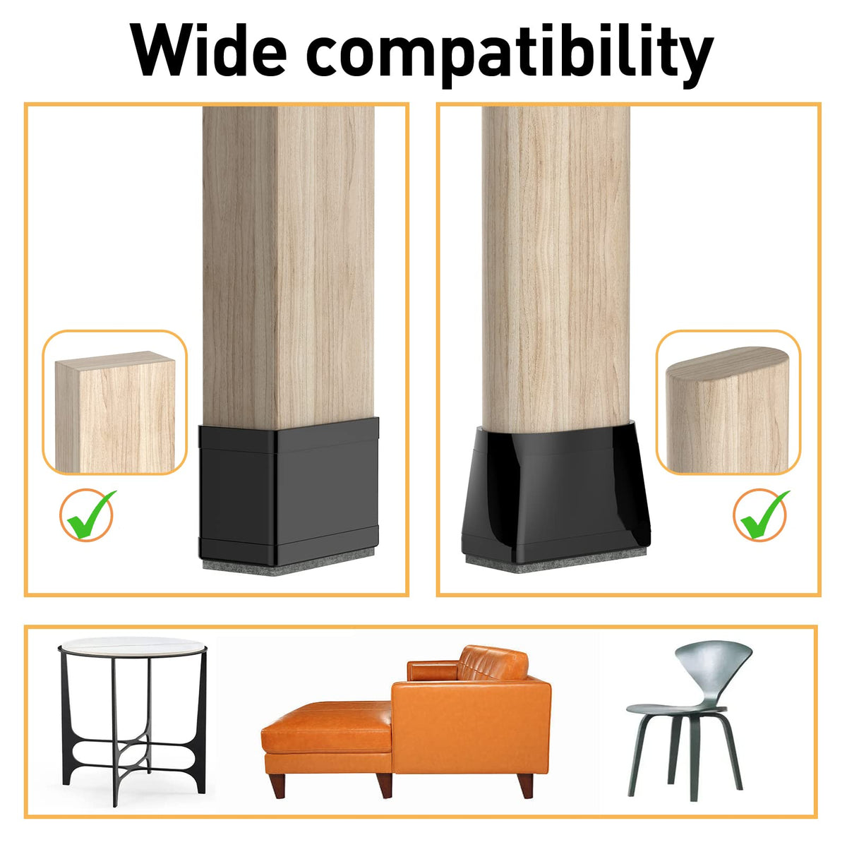 3/4" x 1 1/2" Rectangle Chair Leg Protectors for Hardwood Floors, Silicone Covers to Protect Wood Tile Floors Felt Pads Furniture Leg Caps Reduce Noise. Easy to Move. 16PCS Black. (24 Count)